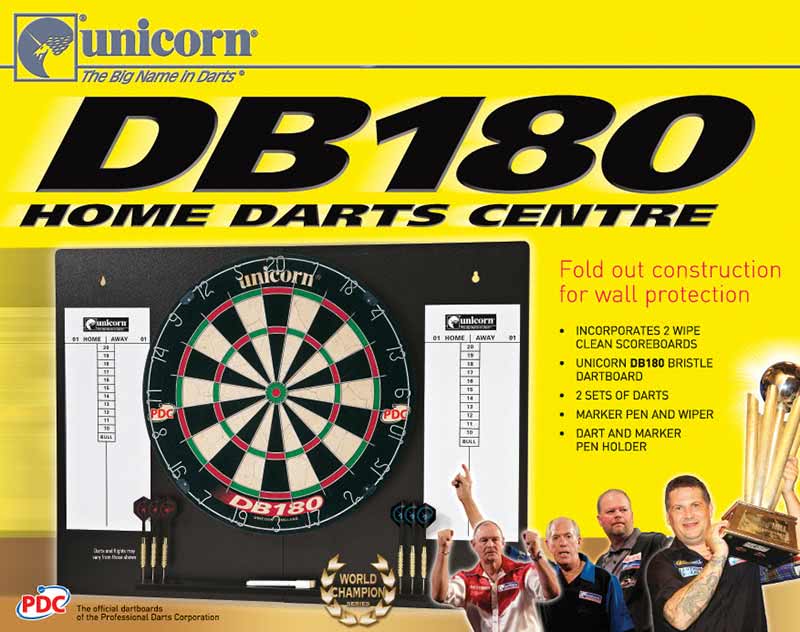 Home Dart Centre Wandschutz Board DB180 - mit Steeldarts Unicorn